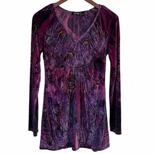 Whimsigoth Apt 9 Purple Velvet Peacock V-Neck Top Tunic M EUC